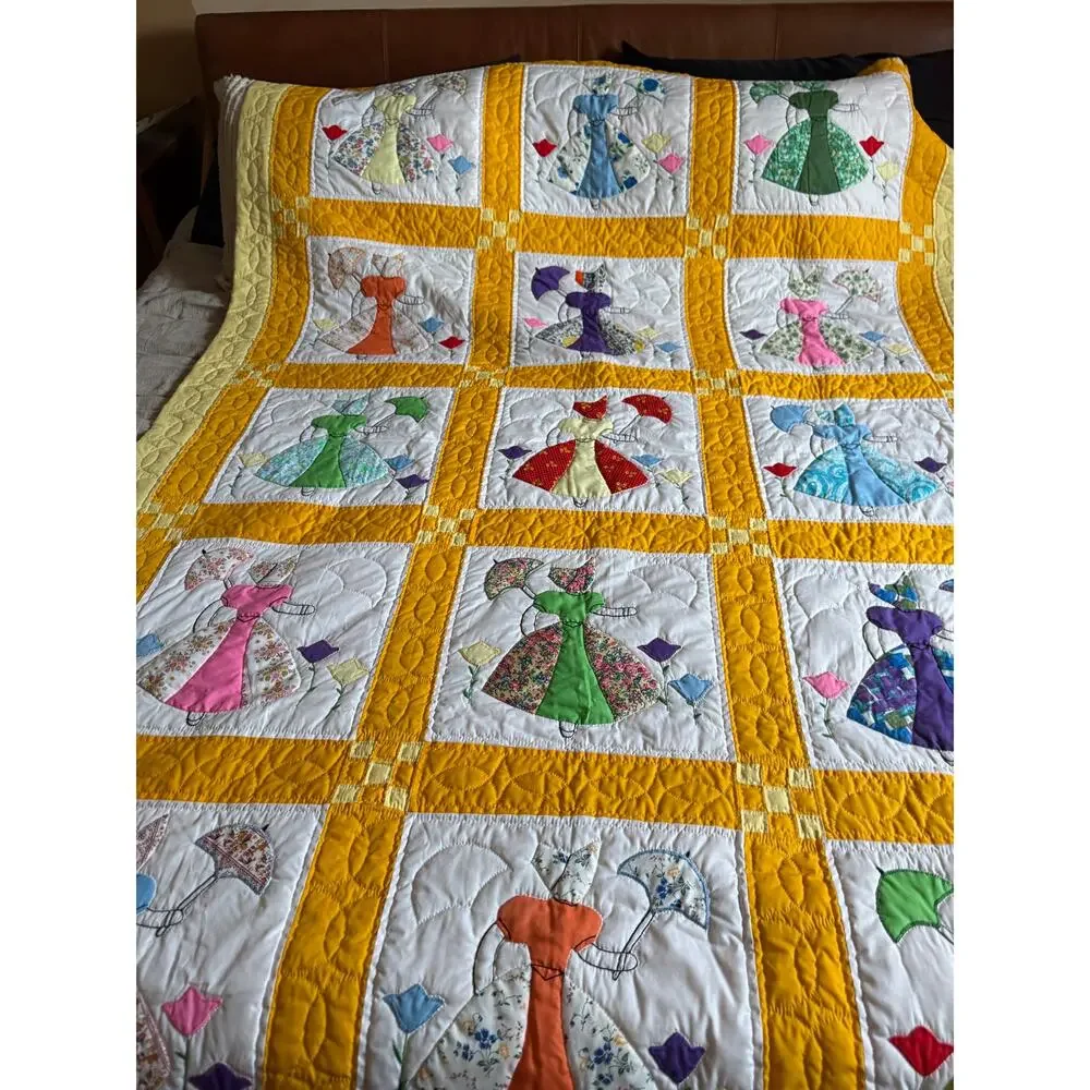Rare Vintage Parasol Ladies Sun Bonnet Hand Stitched Feed Quilt 40s Twin Full